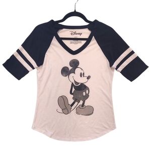 Disney Mickey Mouse Graphic Black & White T-Shirt Raglan V Neck Size Medium